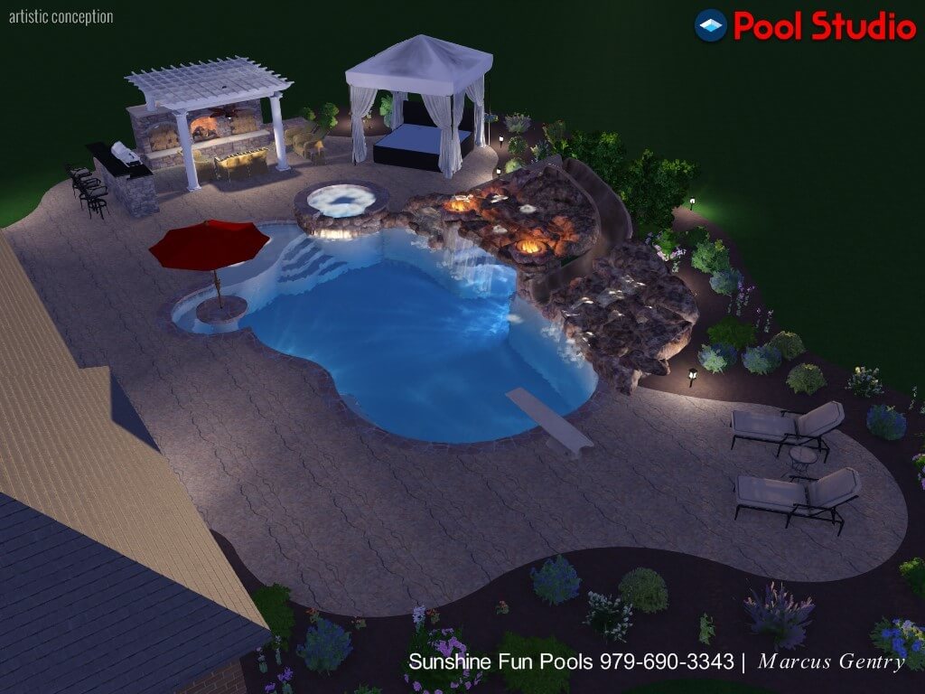 A full-color, 3D artistic rendering of a pool, spa, and outdoor living space.
